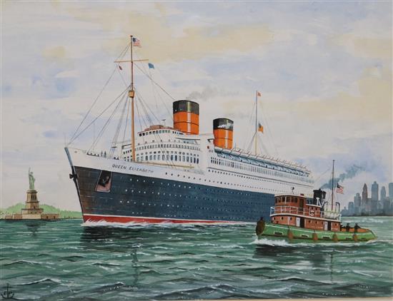 F. Patterson, 2 watercolours, The Empress of France and Queen Elizabeth leaving New York City, monogrammed, 34 x 44cm